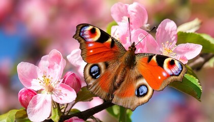 a vibrant peacock butterfly aglais io on a pink apple blossom flower