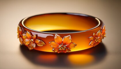 amber bangle with embedded flowers displayed against a smooth background