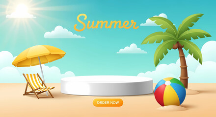Fototapeta premium A vibrant summer beach scene featuring a palm tree, umbrella, beach chair, and ball, with a podium for product placement, creating a cheerful and inviting vacation atmosphere