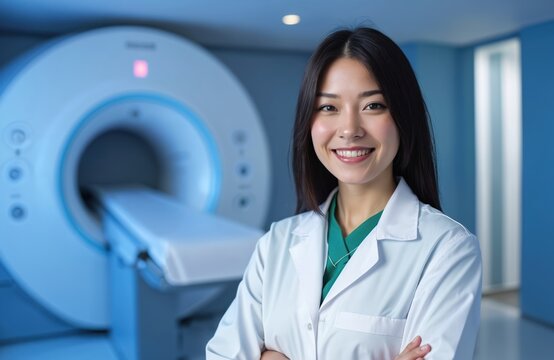 Asian female doctor in white lab coat smiles in front of modern MRI scanner. Advanced medical technology for accurate diagnosis, patient care. Oncology, radiology, health treatment, disease research.