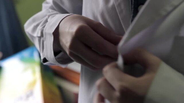 Male Student Buttoning Up White School Smock in Bedroom Before Leaving for Public School in Argentina - Close Up of Hands