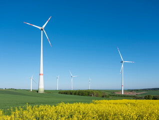 wind turbines under blue sky in german saarland in spring