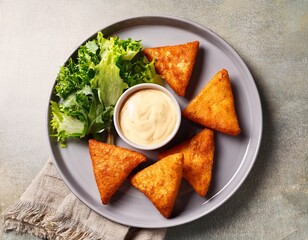 crispy baked cheese triangles with a creamy dipping sauce and fresh salad