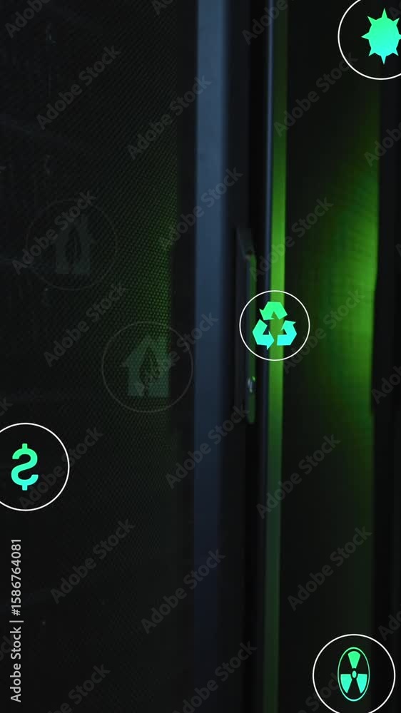 Poster animation of icons in circles floating over data server racks in server room