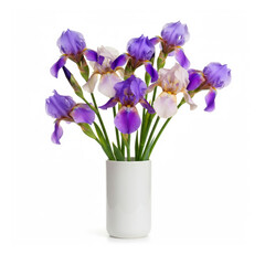 Elegant floral arrangement with iris in ceramic vase isolated on white