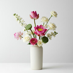 Obraz premium Elegant floral arrangement with lotus in ceramic vase isolated on white