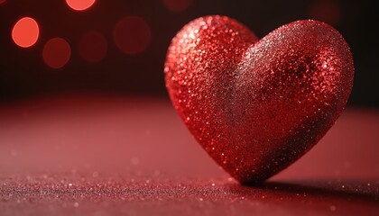 Obraz premium Sparkling red glitter heart decoration love, passion, romance. Three-dimensional holiday decor perfect for Valentine Day celebrations, offering festive atmosphere, ample copy space for messages.