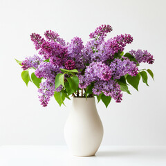 Elegant floral arrangement with lilac in ceramic vase isolated on white