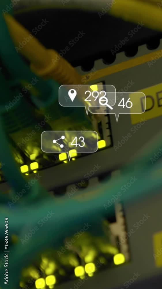 Poster animation of notification bar with changing numbers over cables connected to data server system