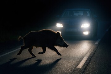A Wild Boar Crosses the Road at Night, Illuminated by Car Headlights in a Dramatic Scene of Nature and Urban Interaction