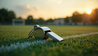 Metal whistle rests on grassy football field at sunset. Close-up view of sports equipment on field with white line. Represents game, match, training, referee, sport, call, sound, signal, victory,