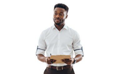 Man in white shirt holding clipboard looking to the side against a black background in studio shot