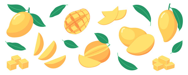 Flat vector set of mango fruits with leaves, slices, cubes and half-cut pieces. For card, summer, tropical, kids and healthy food design. Cartoon illustration. Minimal. Isolated background. Clip art.