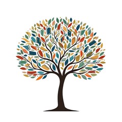 Naklejka premium Illustration of stylized tree with colorful books as leaves on white background. Knowledge growth, education, learning, literature. Features vibrant colors, representing diverse ideas, wisdom.