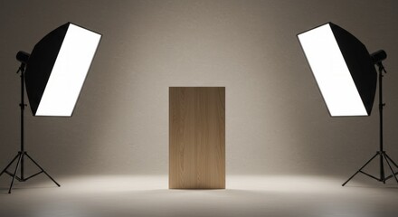 Studio Lighting Setup with Wooden Prop and Softbox Lights for Pr