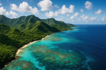 Obraz premium Breathtaking Aerial View of Lush Green Mountains Overlooking Turquoise Ocean Waters with Gentle Waves and Scenic Shoreline