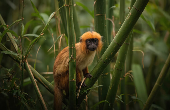 Golden-headed lion tamarin, small orange monkey, rests on bamboo stalks in natural Brazil habitat. Rare primate with distinctive golden mane, black face peers curiously from rich tropical forest - Powered by Adobe