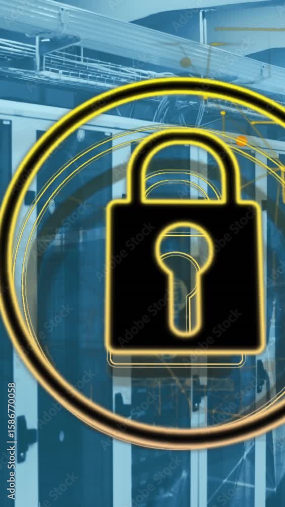 Poster animation of padlock in circle with navigation pattern over connected dots on server racks