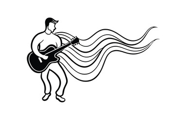 Fototapeta premium Black silhouette of a guitarist playing with flowing musical notes