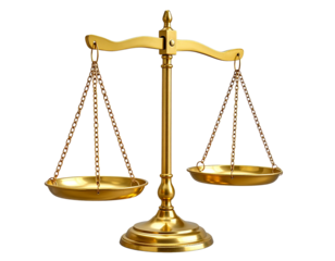 A detailed, shiny gold scales of justice balanced evenly, with elegant chains and bas