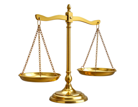 A detailed, shiny gold scales of justice balanced evenly, with elegant chains and bas