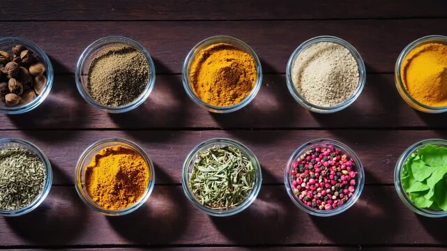Colorful Spices in Glass Bowls on Wooden Table &ndash; Top View with Natural Light and Shadows

