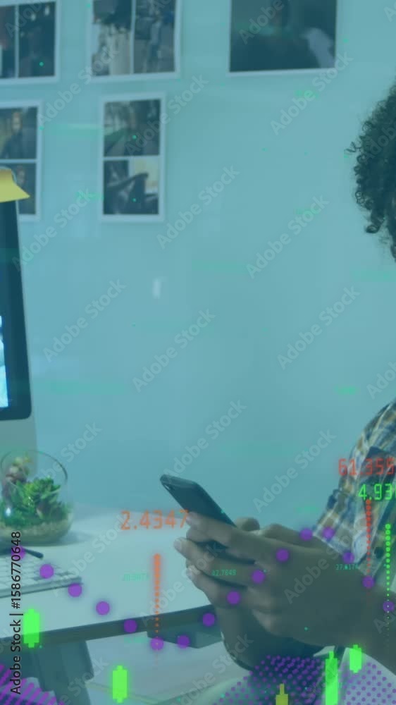 Poster animation of graphs with numbers over man smiling and using smartphone in office