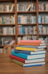 Stack of colorful books on a wooden table in front of bookshelves. Variety of colored books including blue, red, green, yellow, gray, orange, and pink. Library or study room setting.