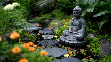 Buddha statue in a garden setting