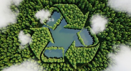 Aerial view of a lush green forest shaped into a recycling symbol with water features trees nature
