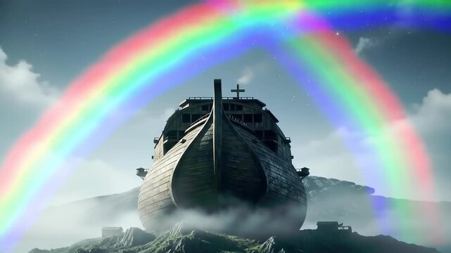 Noah's Ark with Rainbow Landing on Mount Ararat after Great Flood, Biblical Old Testament Religious Story for Christian Content