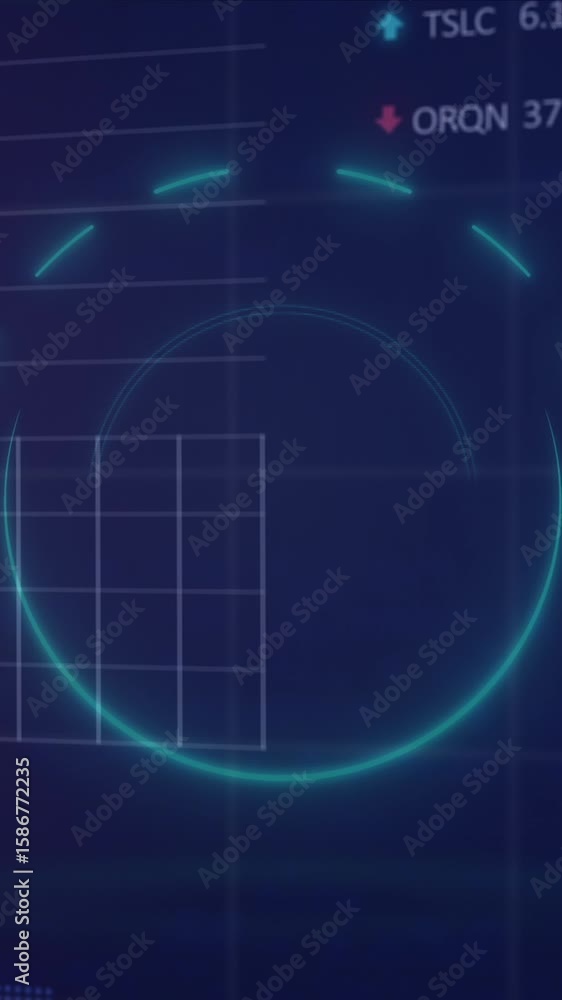 Poster Animation of neon round shape in seamless pattern against statistical, stock market data processing
