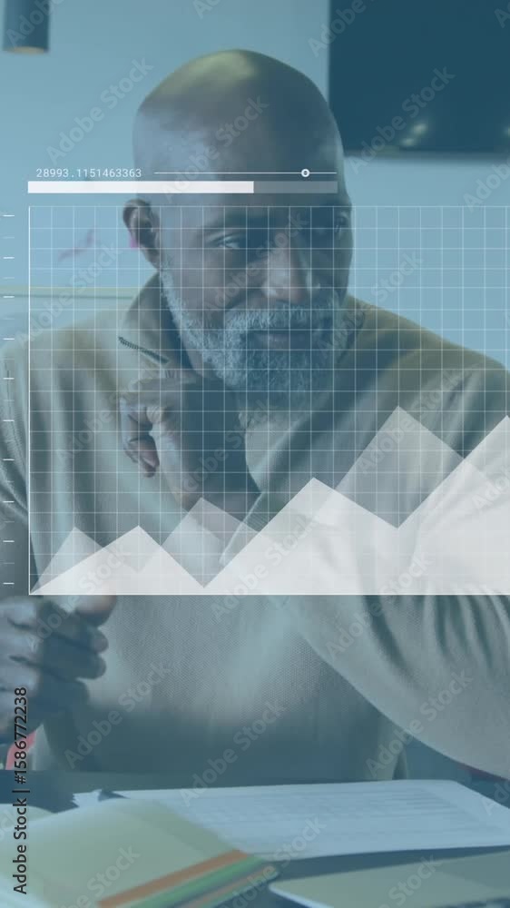 Poster animation of statistical data processing against portrait of african american man smiling at office