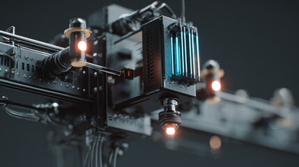 Focused futuristic machine with glowing blue light part of an anomaly detection system on high tech assembly line