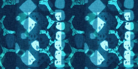 Abstract indigo blue batik dye seamless pattern, Organic bleed effect dyed wash background.