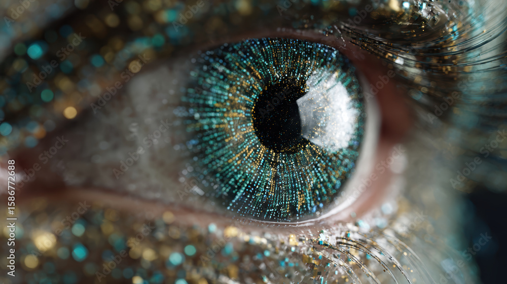 Poster macro of human eye with glitter future biometric anomaly detection system concept with an intense lo