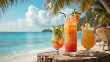Three colorful tropical cocktails on wooden table at sunny beach event. Offers refreshing summer drinks, vibrant spirits, and diverse global flavors perfect for vacationers exploring local traditions.