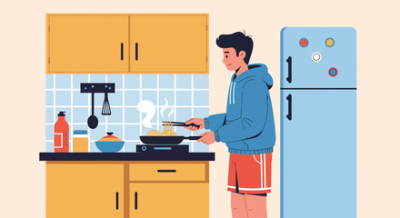 Man Cooking Noodles At Home In A Minimalist Style Kitchen Setting