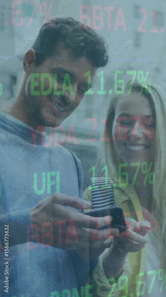 Poster animation of financial data processing over caucasian people using smartphone