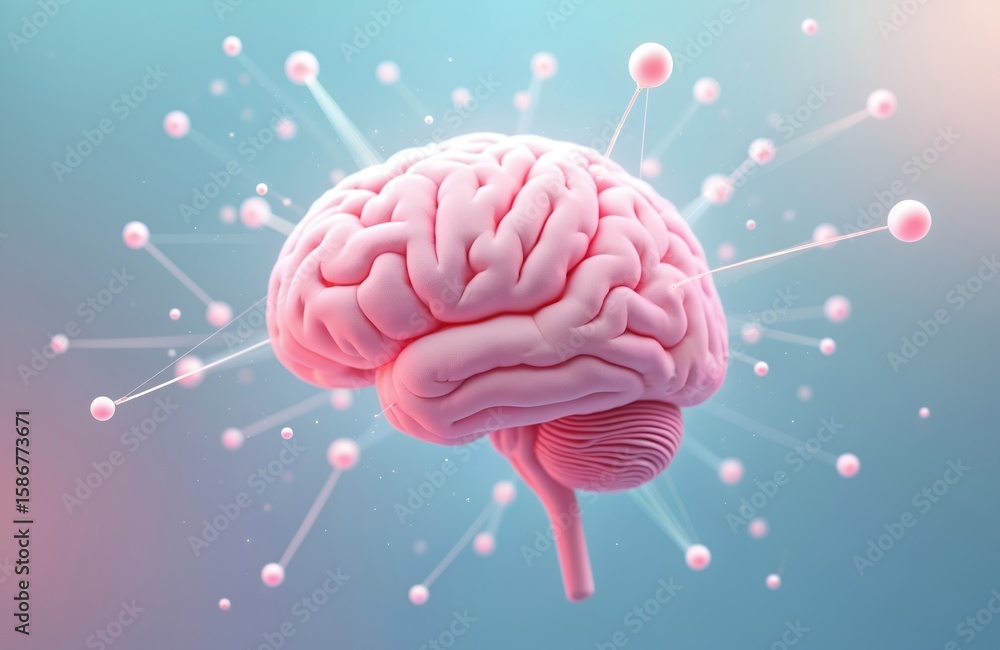 Poster abstract pastel brain with interconnected nodes, representing neural networks, cognitive processes, 