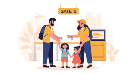 Fototapeta premium Happy Family Ready For Boarding At The Airport Gate For Traveling