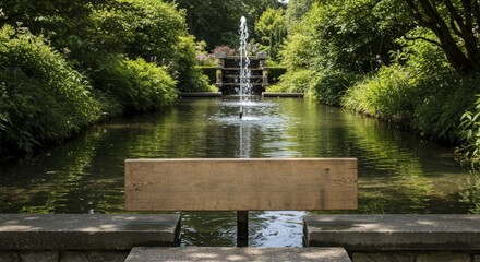 Tranquil Garden Scene with Fountain and Carved Wooden Sign "NATI