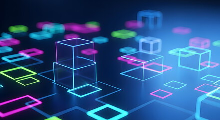 Obraz premium Abstract Glowing Cubes and Lines Digital Data Flow Background