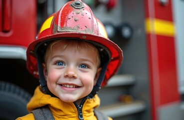 Young boy wears red, dirty fireman helmet and yellow jacket. Grinning with bright blue eyes, stands near red fire truck. Future hero career aspiration, childhood dream, playful kid.