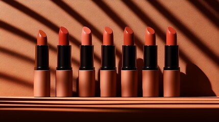 A row of vibrant matte lipstick tubes in various shades of red and orange illuminated from behind to create dramatic shadows and highlights on the smooth uniform surface