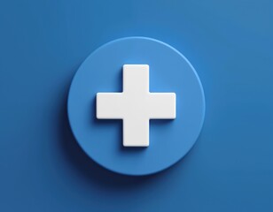 Obraz premium 3D icon with blue circle and white plus symbol on blue background. Glossy medical symbol representing healthcare, first aid, and emergency services. Clean, modern design for web or pharmacy use.
