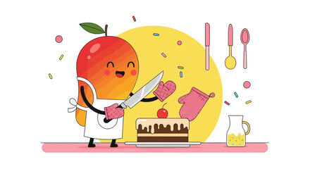 Fototapeta premium Happy Mango Character Ready To Cut A Delicious Cake With A Sharp Knife