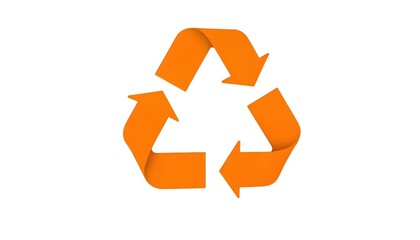 Obraz premium Orange recycling symbol on white background. Minimalistic graphic design with three chasing arrows forming triangle. Eco friendly concept for sustainability, conservation initiatives, representing