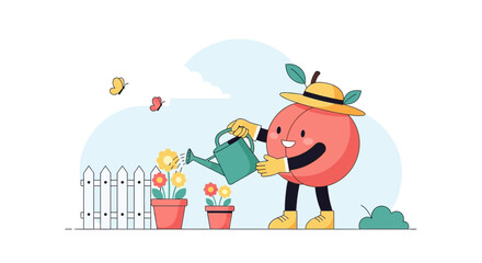 Naklejka premium Happy Peach Cartoon Watering Flowers In A Garden On A Beautiful Day