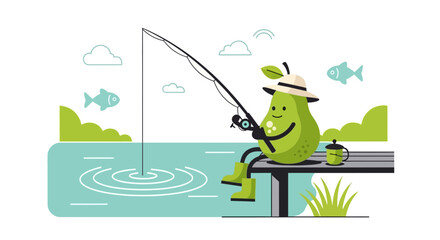 Obraz premium Happy Pear Cartoon Character Enjoying Quiet Time Fishing At The Lake